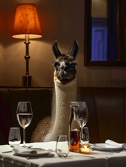 Naklejka premium Elegant dining setting with a llama as an unexpected patron.