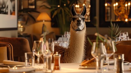 Fototapeta premium Llama is seated at a restaurant table with wine glasses.