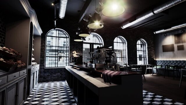 black and white checkered floor in a modern cafe interior.