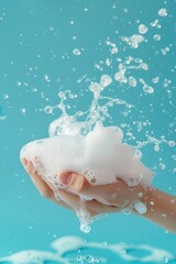 Splashing Soapy Foam in Hands on Blue Background
