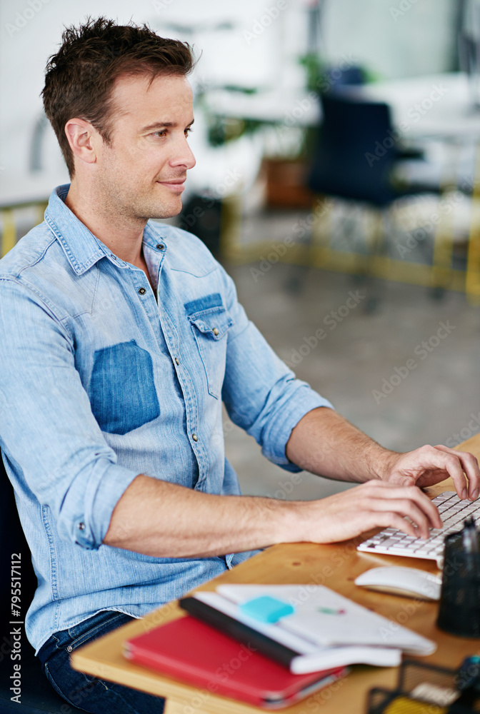 Poster typing, keyboard and businessman with computer in office for online creative research with career. t