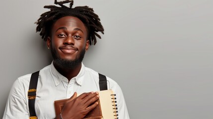 A man with a jheri curl is smiling, holding a notebook