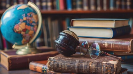  In a sophisticated laboratory setting, a gavel rests next to a globe atop a wooden table. An open book, filled with knowledge and wisdom, lies nearby, accompanied by a pair of glasses. 