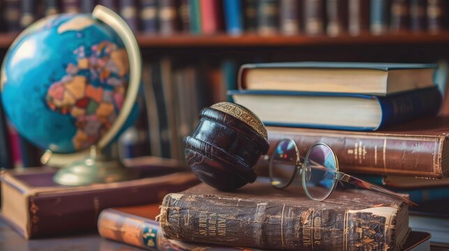  In a sophisticated laboratory setting, a gavel rests next to a globe atop a wooden table. An open book, filled with knowledge and wisdom, lies nearby, accompanied by a pair of glasses. 