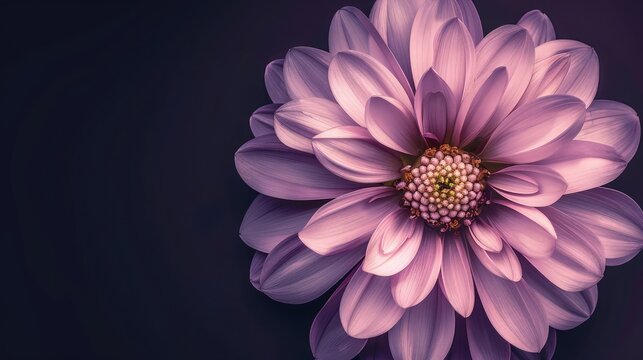 purple daisy flower on black background with copy space 