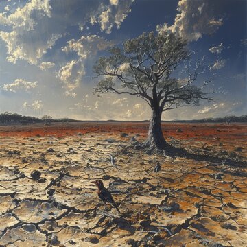 A lone tree stands in a vast desert landscape. The cracked earth is dry and barren, and the only other living things in sight are a few small birds. The sky is a clear blue, and the sun shines brightl