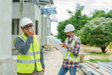 Asian Adult male in safety gear stands with contemplative expression, another with helmet holds...