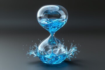 An hourglass made of glass with blue water inside on a black background.