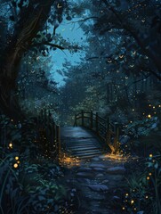 Obraz premium A peaceful night in the enchanted forestglowing fireflies dance.