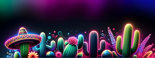 Vibrant Neon Cacti with Glowing Lights, Mesmerizing Desert Plants in Multicolored Illumination, Radiant Cactus Collection for Cinco de Mayo, Ideal for Wall Art, Poster, Background