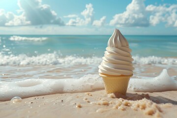 Summer Ice cream in waffle cup against the backdrop of the beach and sea. Concept of relaxation and fun in Summertime. Banner with Copy space for sales and advertising of refreshing sweet food