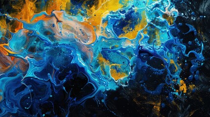 Bold splashes of blue and yellow paint burst forth from the darkness, spreading across the canvas in a dynamic explosion of color. 