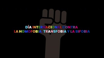 Día Internacional contra la Homofobia, la Transfobia y la Bifobia, texto en fondo negro con mano. 