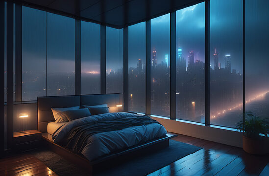 Interior of bedroom with dark blankets on bed,  and glowing lamp at night, raining outside