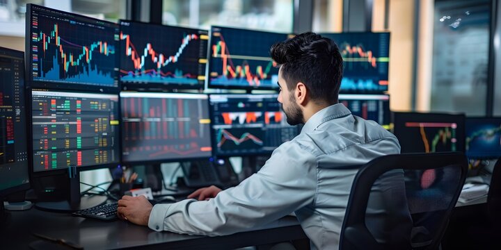 Male businessman sits and analyzes stock graphs on a digital monitor screen.