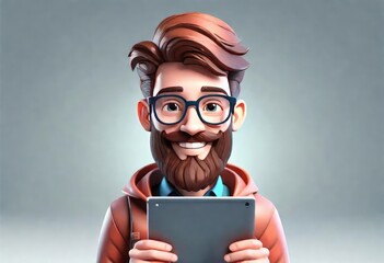 A  3D icon avatar cartoon hipster character, stylish smiling man with beard with tablet, cartoon...