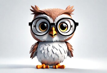 Adorable 3d rendered cute happy smiling and joyful baby owl wearing glasses cartoon character on white backdrop