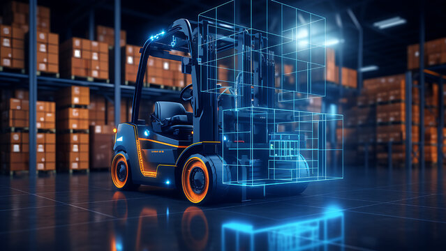 Forklifts carry out storage in warehouses with automation. Automated logistics services, digital warehouse, forklift technology, electric cargo machines, package delivery, AI industrial equipment.