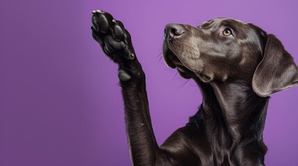 Labrador Retriever looking upwards with paw elegantly raised, against a purple backdrop, Concept of...