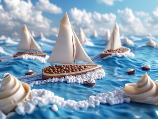 A regatta of chocolate and vanilla sailboats race across a sea of blue frosting, whipped cream, and chocolate chips.