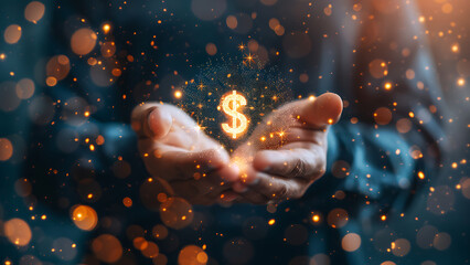 Businessman hands on dark background holding shining dollar sign.