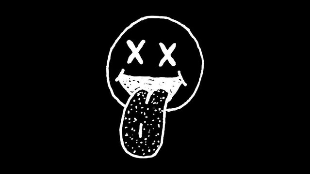 White wiggly hand drawn crazy funny emoji face sticking out tongue doodle animation         