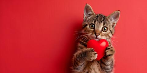 mockup a cute cat with a red heart isolated on red background Ideal template for Valentine's Day Love wedding greeting cards concept