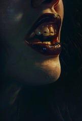 A vampire witch mouth with a shark teeth, bloody lips, horror poster, shouting 