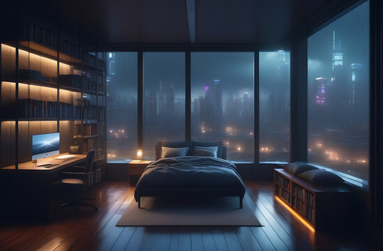 Interior of bedroom with dark blankets on bed,  and glowing lamp at night, raining outside