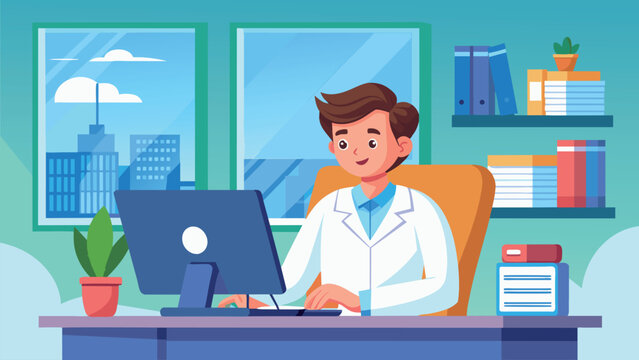 a young doctor with a wide smile accepts sick patients. reception room in a hospital. examination and treatment for a speedy recovery