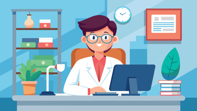 a young doctor with a wide smile accepts sick patients. reception room in a hospital. examination and treatment for a speedy recovery