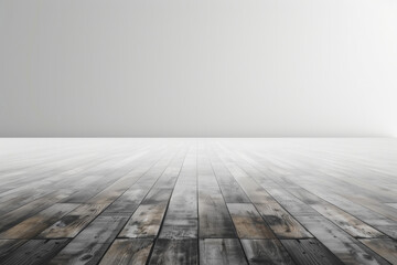 A minimalist stage set against a white blank background, featuring a sleek, polished wooden floor