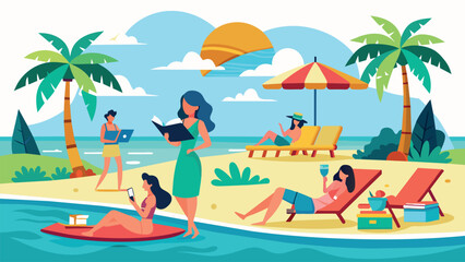 concept of summer holiday on the beach with sunny sand. people sunbathe on sun loungers and surfboards with gadgets in their hands. Dependency and busyness during vacation