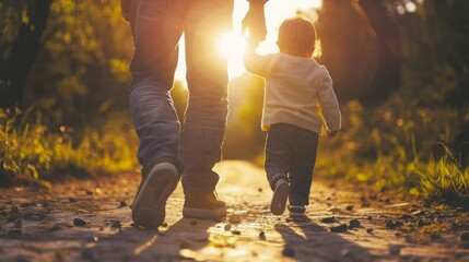 Man and Child Walking Down Dirt Road