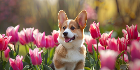 Corgi in tulip flower sits among bright pink garden portrait