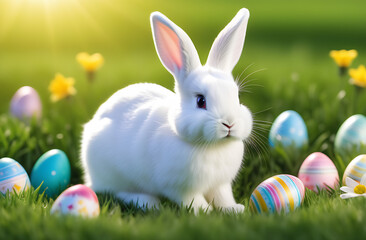 Cute Easter bunny with Easter eggs in beautiful garden with flowers, blurred background	
