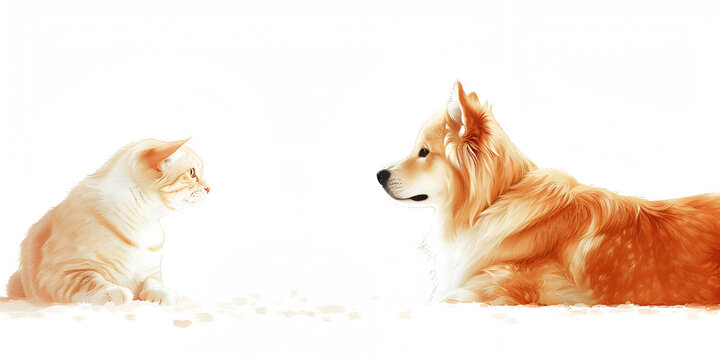 Golden retriever puppy orange tabby cat sitting together in studio love concept isolated