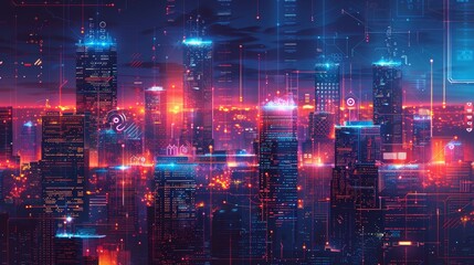 Fototapeta premium Digital Innovation: A vector illustration of a futuristic city skyline with digital billboards and smart technologies