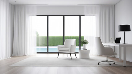 Interior of white living room with bid window, curtains, wooden table and white chairs