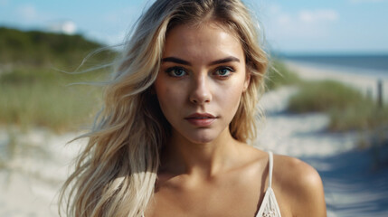 Fototapeta premium young adult woman, age 20 to 30, girl, is exhausted or amazed by everyday travel on vacation by the sea, blonde caucasian, on the go all day, takes a breather and takes a break