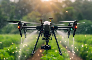A smart farm drone flies over a green field, spraying useful pesticides to increase productivity and destroy harmful insects.