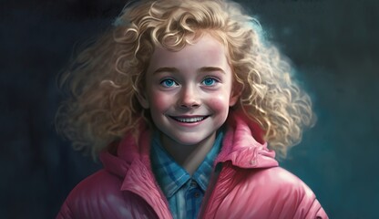 A young girl with curly blond hair is smiling. She is wearing a blue shirt and a pink jacket.


