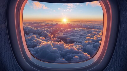 A breathtaking view from an airplane window showcasing a vast expanse of fluffy white clouds illuminated by the golden light of the sun. 
