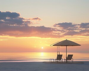 A serene beach scene with a sunset background, featuring a lone umbrella and two chairs, ideal for vacation and relaxation topics, super realistic