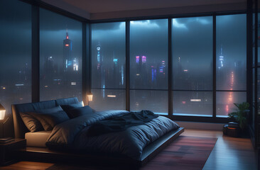 Interior of bedroom with dark blankets on bed,  and glowing lamp at night, raining outside
