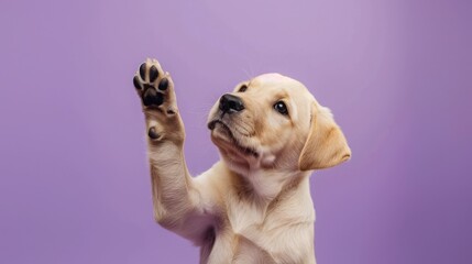 Labrador puppy raising paw, looking up with curiosity against a purple background, Concept of...