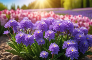 Beautiful purple flowers on blurred green background with free space for text, macro