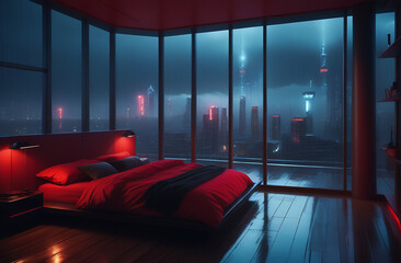 Interior of bedroom with red blankets on bed,  and glowing lamp at night, raining outside