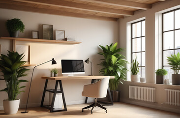 Modern office interior with table, modern computer , interior of work place in light colours at beige wall