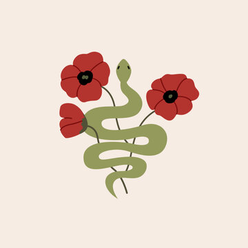 Snake with poppy flowers. Vector flat illustration